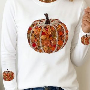 Vintage Halloween (pumpkin) Crew Neck Long Sleeve T-shirt, T-shirts, color:White|size:XXL, catalog Noracora shop