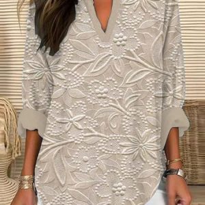 V Neck Long Sleeve Floral Regular Micro-Elasticity Regular Fit Shirt For Women, Shirts, color:Khaki|size:3XL, catalog Noracora shop