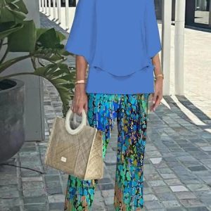 Women Striped Bell Sleeve Two-Piece Set Holiday Three Quarter Sleeve Vintage Spring/Fall Top With Pants Matching Set, JustFashionNow Suit Set, color:Color15|size:3XL,