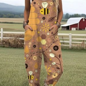Women Animal Square Neck Gallus Casual Summer Cotton And Linen Jumpsuit, Jumpsuits&Rompers, color:Brown|size:4XL, catalog Noracora shop