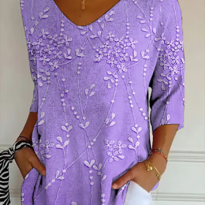 Casual 3D Floral Print V Neck 3/4 Length Sleeve T-shirt, T-shirts, color:Pink|size:5XL, catalog Noracora shop