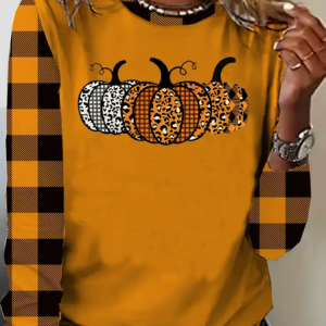 Women Plaid Long Sleeve Tee T-shirt Crew Neck Printing Casual Spring/Fall Graphic Tee Top, JustFashionNow T-Shirts, color:Orange|size:XXL,