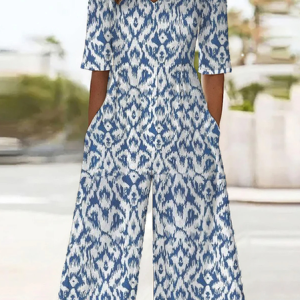 Women Geometric V Neck Half Sleeve Casual Summer Jumpsuit, JustFashionNow Jumpsuits＆Rompers, color:Blue|size:4XL,