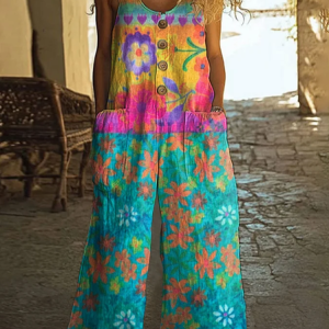 Women Floral Crew Neck Sleeveless Casual Summer Jumpsuit, JustFashionNow Jumpsuits＆Rompers, color:As Picture|size:4XL,