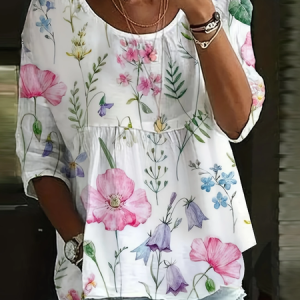 Women Floral Half Sleeve Shirt Summer Printing Crew Neck Daily Casual Top, JustFashionNow Blouses, color:White|size:4XL,