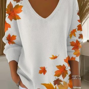 Vintage Maple Leaf V Neck Three Quarter Sleeve T-shirt, Sweaters, color:White|size:XL, catalog Noracora shop