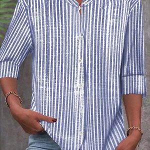 Stand Collar Long Sleeve Striped Regular Loose Shirt For Women, Shirts, color:Blue|size:5XL, catalog Noracora shop