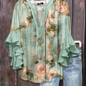 Women Floral Half Sleeve Shirt Summer Printing V Neck Daily Casual Top, JustFashionNow Shirts, color:Green|size:5XL,
