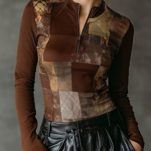 Casual Random Print Printing Crew Neck T-shirt, Tees, color:Brown|size:XXL, Stylewe