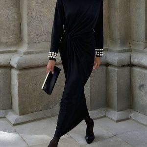 Elegant Plain Imitation Pearls Crew Neck Maxi Dress, Maxi Dresses, color:Black-white|size:XXL, Stylewe