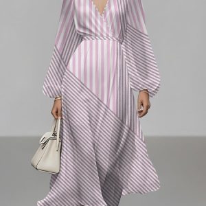 Women Striped Puff Sleeve Spring/Fall Dress V Neck Long Sleeve A-Line Dress, Dresses, color:Pink|size:4XL, catalog Noracora shop