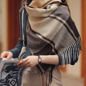 Plaid shawl thickened tassel neck scarf, Scarves, color:Coffee|size:One-size, Stylewe