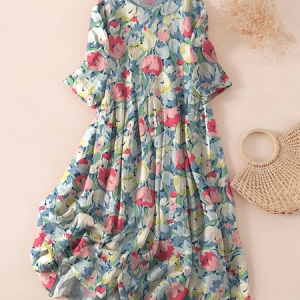 Women Floral Three Quarter Sleeve Spring/Fall Printing Dress Crew Neck Daily Casual Maxi Classic H-Line Dress, JustFashionNow Casual Dresses, color:Blue|size:5XL,