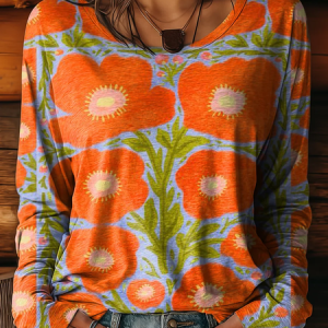Women Floral Long Sleeve Tee T-shirt Crew Neck Printing Casual Spring/Fall Graphic Tee Top, JustFashionNow T-Shirts, color:Orange|size:XXL,