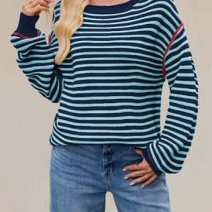 Women Striped Split Joint Winter Street Long Sleeve Crew Neck Sweater, JustFashionNow Sweaters, color:Navyblue|size:XL,