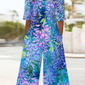 Women Floral V Neck Half Sleeve Casual Summer Jumpsuit, JustFashionNow Jumpsuits＆Rompers, color:Cyan|size:4XL,
