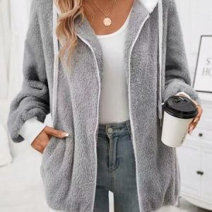 Women Spring/Fall Outerwear Casual Color Block Long Sleeve Hoodie Jacket, Outerwear, color:Gray|size:XXL, catalog Noracora shop