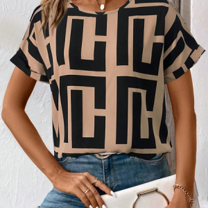 Women Geometric Short Sleeve Tee T-shirt Crew Neck Printing Casual Summer Graphic Tee Top, JustFashionNow T-Shirts, color:Brown|size:4XL,