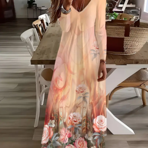 Women Floral Long Sleeve Spring/Fall Printing Dress V Neck Daily Casual Maxi H-Line Dress, JustFashionNow Casual Dresses, color:Orange|size:5XL,