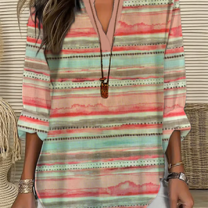 Women Abstract Stripes Long Sleeve Blouse Spring/Fall Printing V Neck Daily Casual Top, JustFashionNow Shirts, color:As Picture|size:5XL,