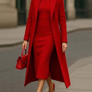 Urban Plain Buttoned Lapel Collar Coat, Coats, color:Red|size:XXL, Stylewe