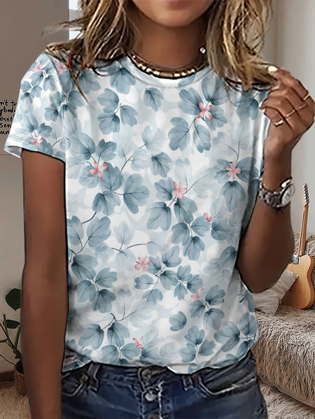 Women Floral Short Sleeve Tee T-shirt Crew Neck Printing Casual Summer Graphic Tee Top, JustFashionNow T-Shirts, color:Blue|size:4XL - Image 4
