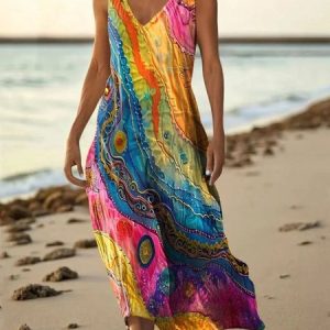 Women Multicolor Block Summer Dress V Neck Sleeveless A-Line Dress, Dresses, color:Red|size:5XL, catalog Noracora shop