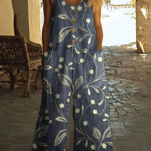 Women Floral Crew Neck Sleeveless Casual Summer Jumpsuit, JustFashionNow Jumpsuits＆Rompers, color:Purplish Blue|size:4XL,