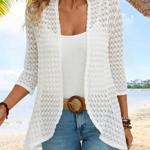 Women's 3/4 Sleeve Plain Jacquard Vacation Loose Cardigan / Kimono, JustFashionNow Cardigans, color:White|size:XXL,