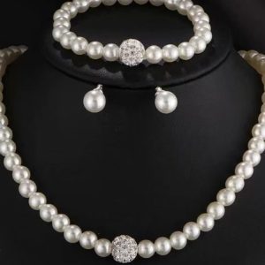 Creative Jewelry Imitation Pearl Necklace Bracelet Earrings Set Three Pieces, Necklace, color:White|size:One-size, catalog Noracora shop