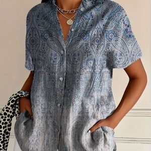Shirt Collar Short Sleeve Paisley Regular Micro-Elasticity Regular Fit Shirt For Women, Shirts, color:Dark Blue|size:5XL, catalog Noracora shop