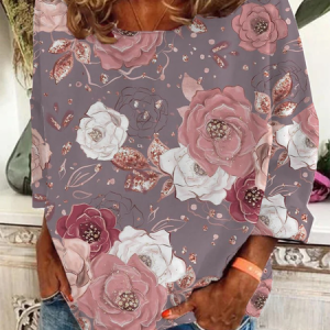 Women Floral Long Sleeve Tee T-shirt Crew Neck Printing Casual Spring/Fall Graphic Tee Top, JustFashionNow T-Shirts, color:Pink|size:5XL,