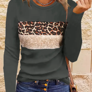 Women Leopard Long Sleeve Tee T-shirt Crew Neck Printing Casual Spring/Fall Graphic Tee Top, JustFashionNow T-Shirts, color:Green|size:XXL,