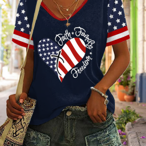 Casual Independence Day (Flag) V Neck Short Sleeve T-shirt, T-shirts, color:Blue|size:4XL, catalog Noracora shop