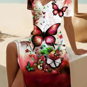 Women Floral Short Sleeve Summer Printing Dress V Neck Daily Casual Midi Fit & Flare Dress A-Line Dress, JustFashionNow Casual Dresses, color:Wine Red|size:5XL,