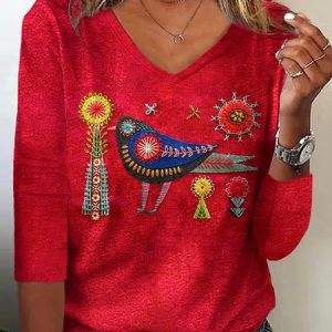 Casual Animal V Neck Long Sleeve T-shirt, T-shirts, color:Red|size:4XL, catalog Noracora shop