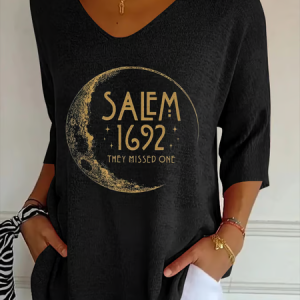 Women Halloween Three Quarter Sleeve Tee T-shirt V Neck Printing Casual Spring/Fall Graphic Tee Top, JustFashionNow T-Shirts, color:Black|size:5XL,