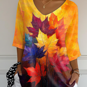 Women Maple Leaf Three Quarter Sleeve Tee T-shirt V Neck Printing Casual Spring/Fall Graphic Tee Top, JustFashionNow T-Shirts, color:Orange|size:5XL,