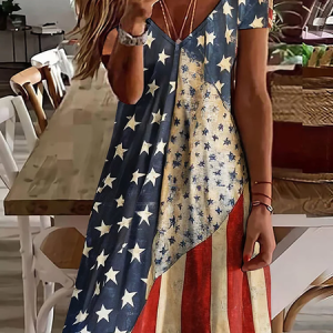 Women Independence Day (Flag) Short Sleeve Summer Printing Dress V Neck Daily Casual Midi Classic A-Line Dress, JustFashionNow Casual Dresses, color:As Picture|size:4XL,