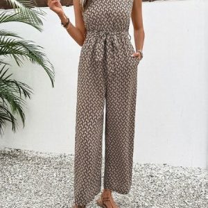 Women Geometric Crew Neck Sleeveless Vintage Summer Jumpsuit, JustFashionNow Jumpsuits＆Rompers, color:Khaki|size:XL,