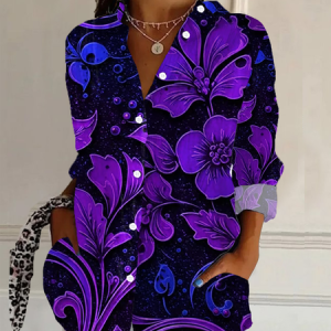 Women Floral Long Sleeve Shirt Spring/Fall Buckle Shirt Collar Regular Sleeve Daily Casual Top, JustFashionNow Shirts, color:Purple|size:XXL,