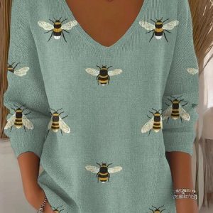 Women Animal Spring/Fall Casual Long Sleeve V Neck Cotton Sweater, JustFashionNow Sweaters, color:Green|size:4XL,