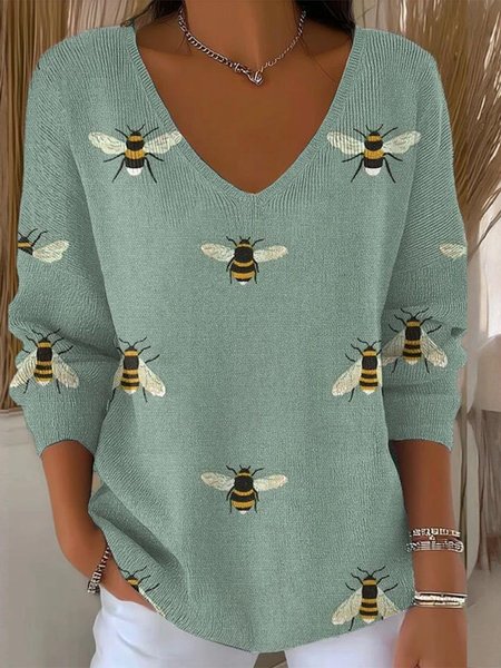 Women Animal Spring/Fall Casual Long Sleeve V Neck Cotton Sweater, JustFashionNow Sweaters, color:Green|size:4XL,