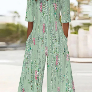 Women Abstract V Neck Half Sleeve Casual Summer Jumpsuit, JustFashionNow Jumpsuits＆Rompers, color:Green|size:4XL,