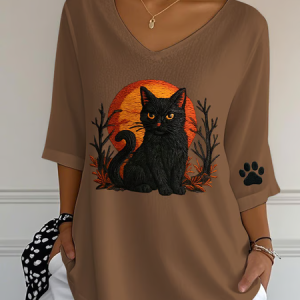 Vintage Cat Crew Neck Three Quarter Sleeve T-shirt, T-shirts, color:Brown|size:4XL, catalog Noracora shop