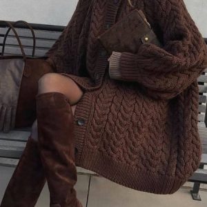 Casual Plain Buttoned Cardigan, Cardigans, color:Brown|size:XXL, Stylewe