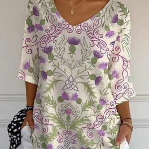 Vintage Floral Crew Neck Long Sleeve T-shirt, T-shirts, color:White|size:5XL, catalog Noracora shop