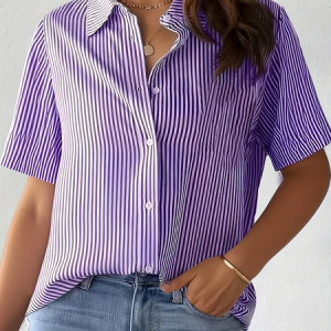 Women Striped Short Sleeve Shirt Summer Printing Shirt Collar Daily Casual Top, JustFashionNow Shirts, color:Purple|size:5XL,