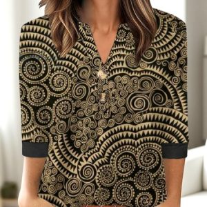Casual Floral V Neck Three Quarter Sleeve T-shirt, T-shirts, color:Brown|size:4XL, catalog Noracora shop