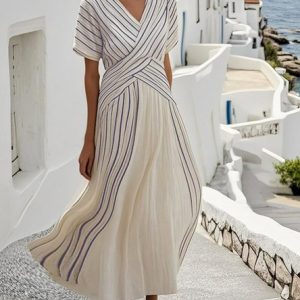 Women Striped Summer Split Joint Dress V Neck Short Sleeve T-Shirt Dress A-Line Dress, Dresses, color:Blue|size:5XL, catalog Noracora shop